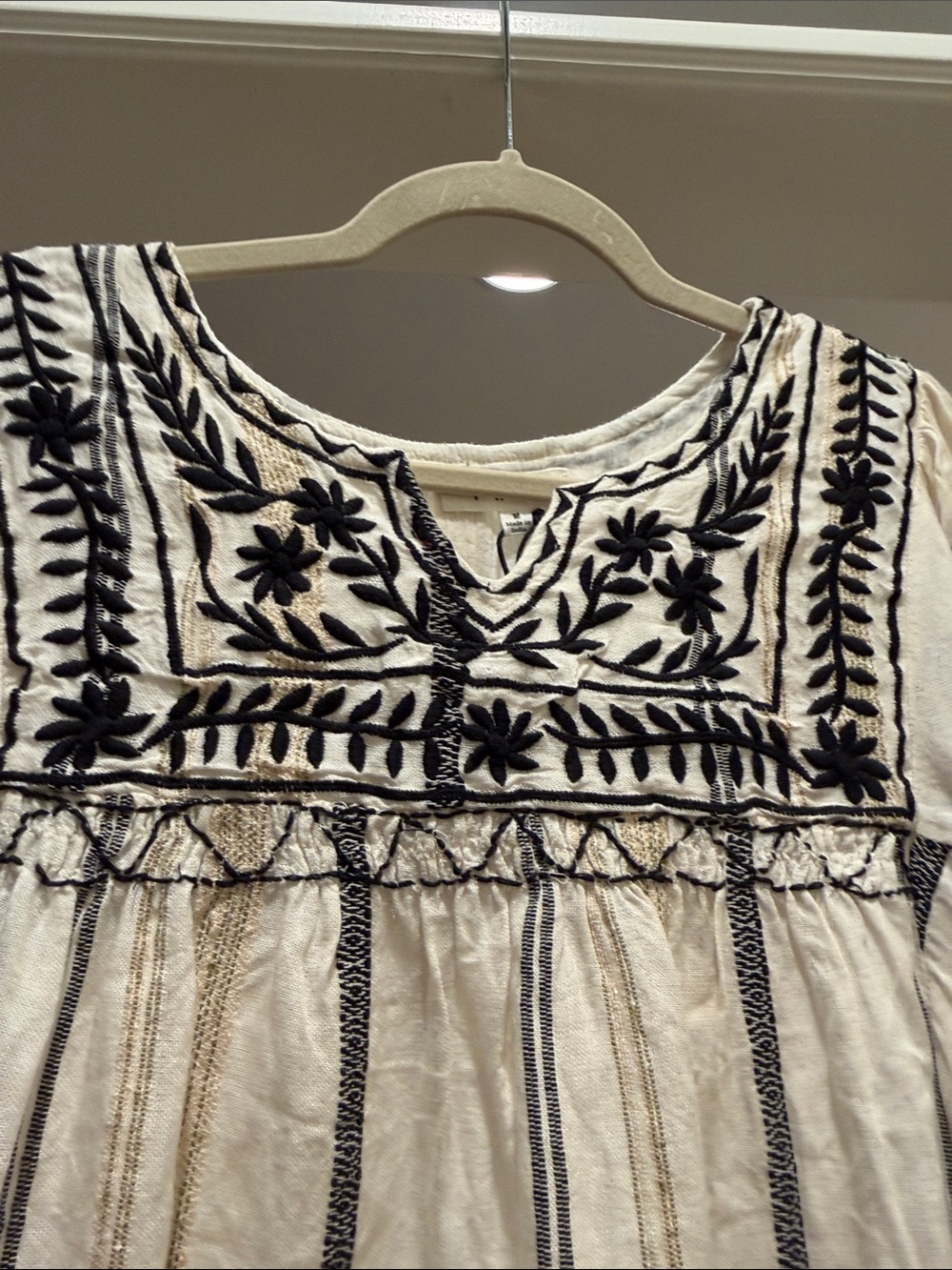 THML embroidered Boho Peasant Top - Cream with Black (bw) - Picture 4 of 8